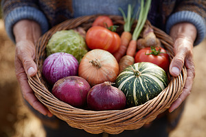Hands holding a basket of colorful fresh vegetables from a local farm in summer, a Food & Drink Photo by AlyaAnd