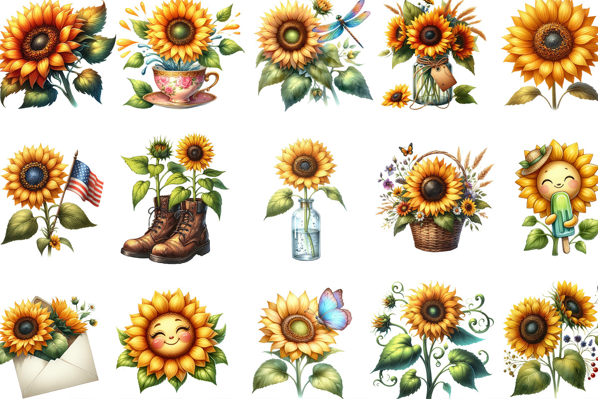 Watercolor Summer Sunflower Clipart, an Illustration by Designking (Photo 2 of 4)