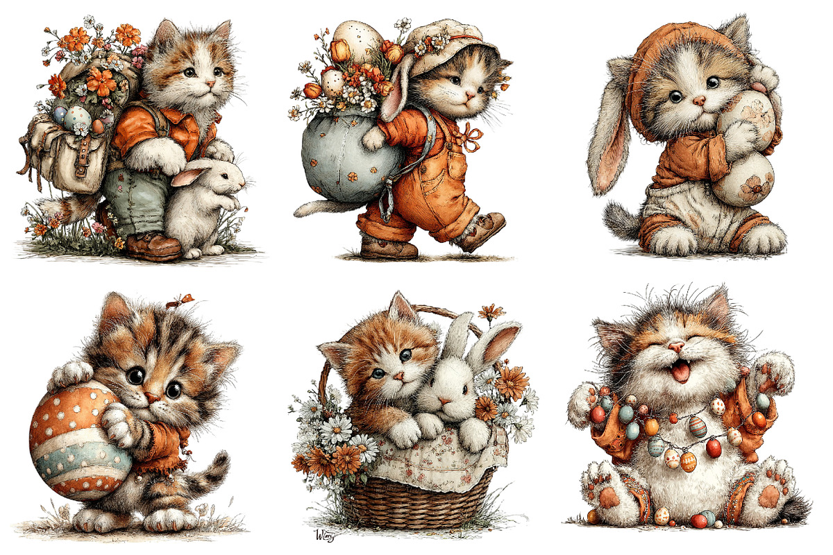 Whimsical Easter Cats Clipart Bundle, an Illustration by Dream Creation (Photo 3 of 6)