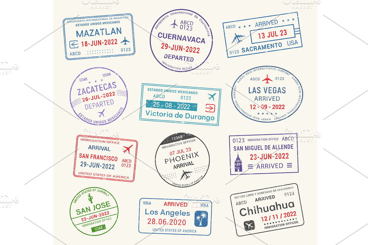 Visa travel stamps, USA, Mexico, a Work Illustration by Vector Tradition
