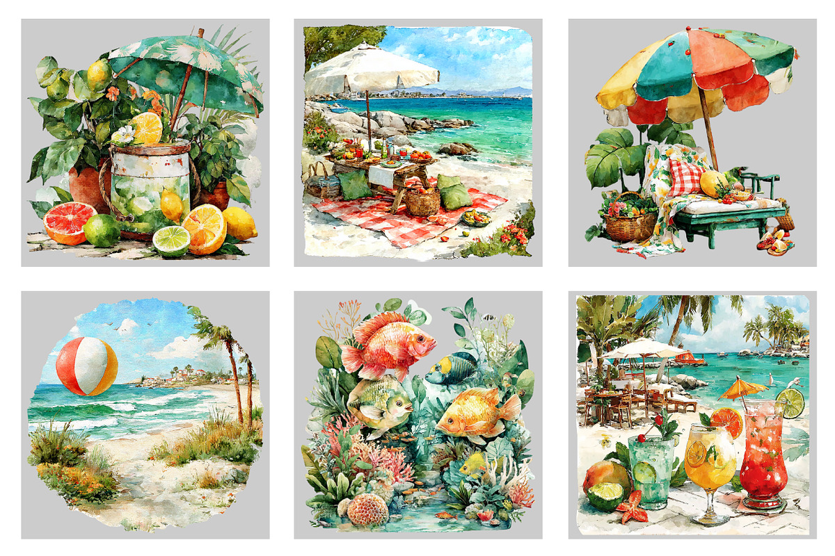 Watercolor Summer Beach Clipart, an Illustration by Black Bird Studio (Photo 3 of 5)