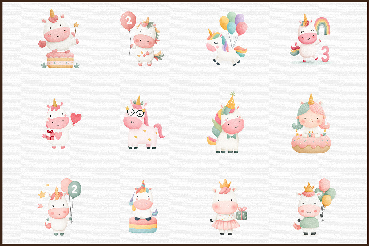 Watercolor Birthday Unicorn Clipart, an Illustration by Sublimation Artist (Photo 3 of 6)