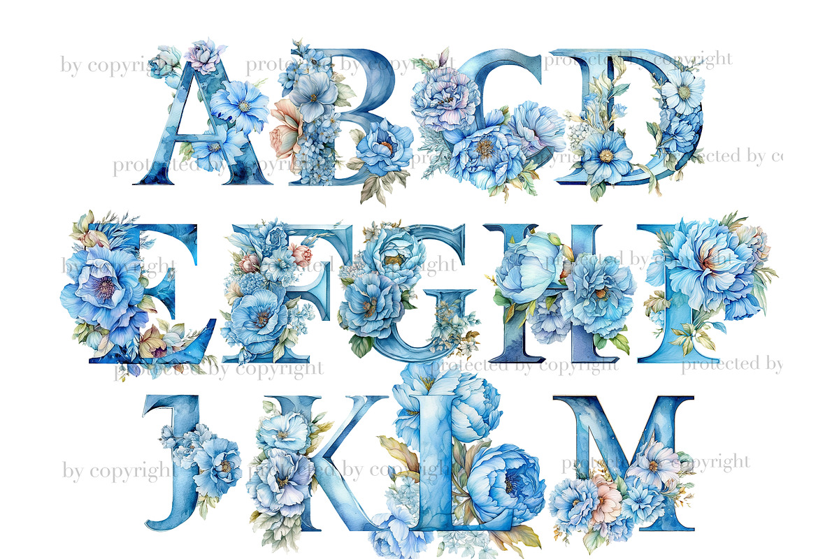 Blue Flowers Alphabet, a Decorative Illustration by GlamArtZhanna (Photo 1 of 5)