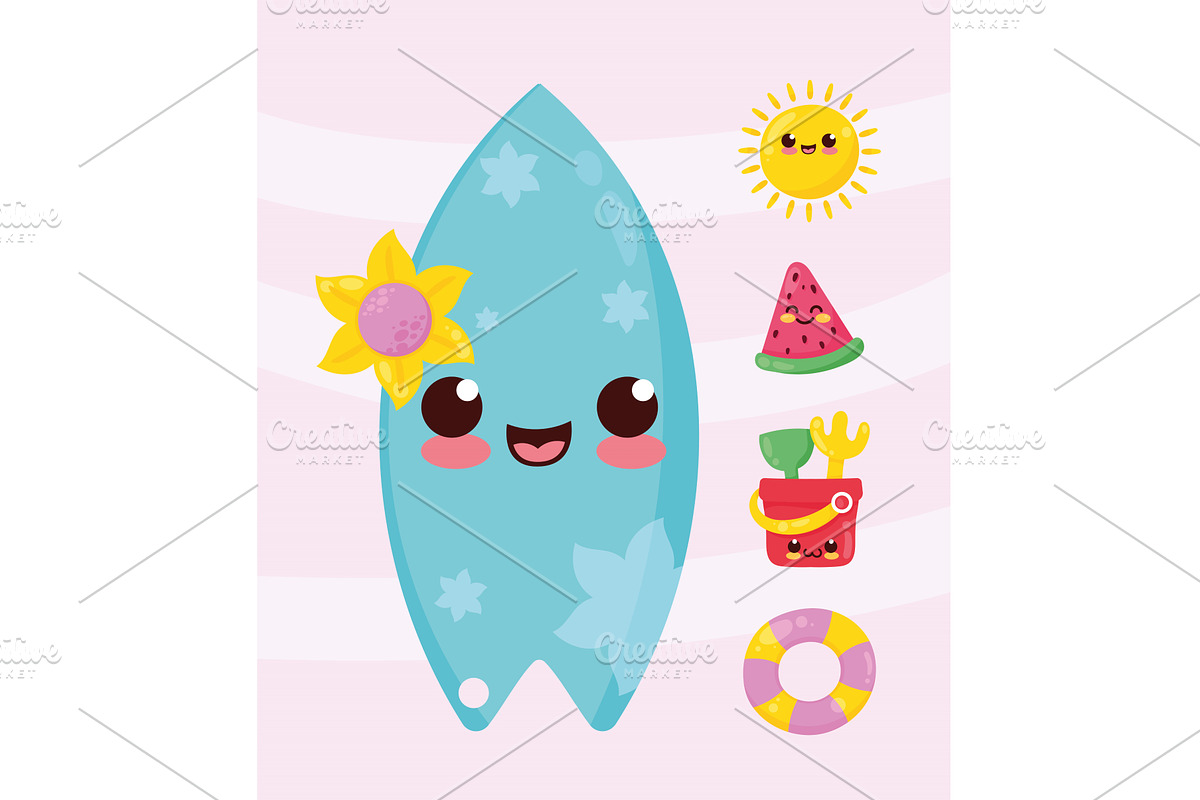 five summer kawaii designs, an Object Illustration by studiogstock