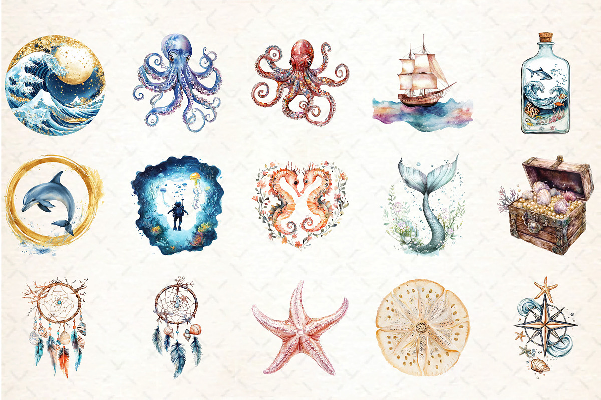 Sea Ocean Boho Clipart, an Illustration by DreamCafeArt (Photo 3 of 5)