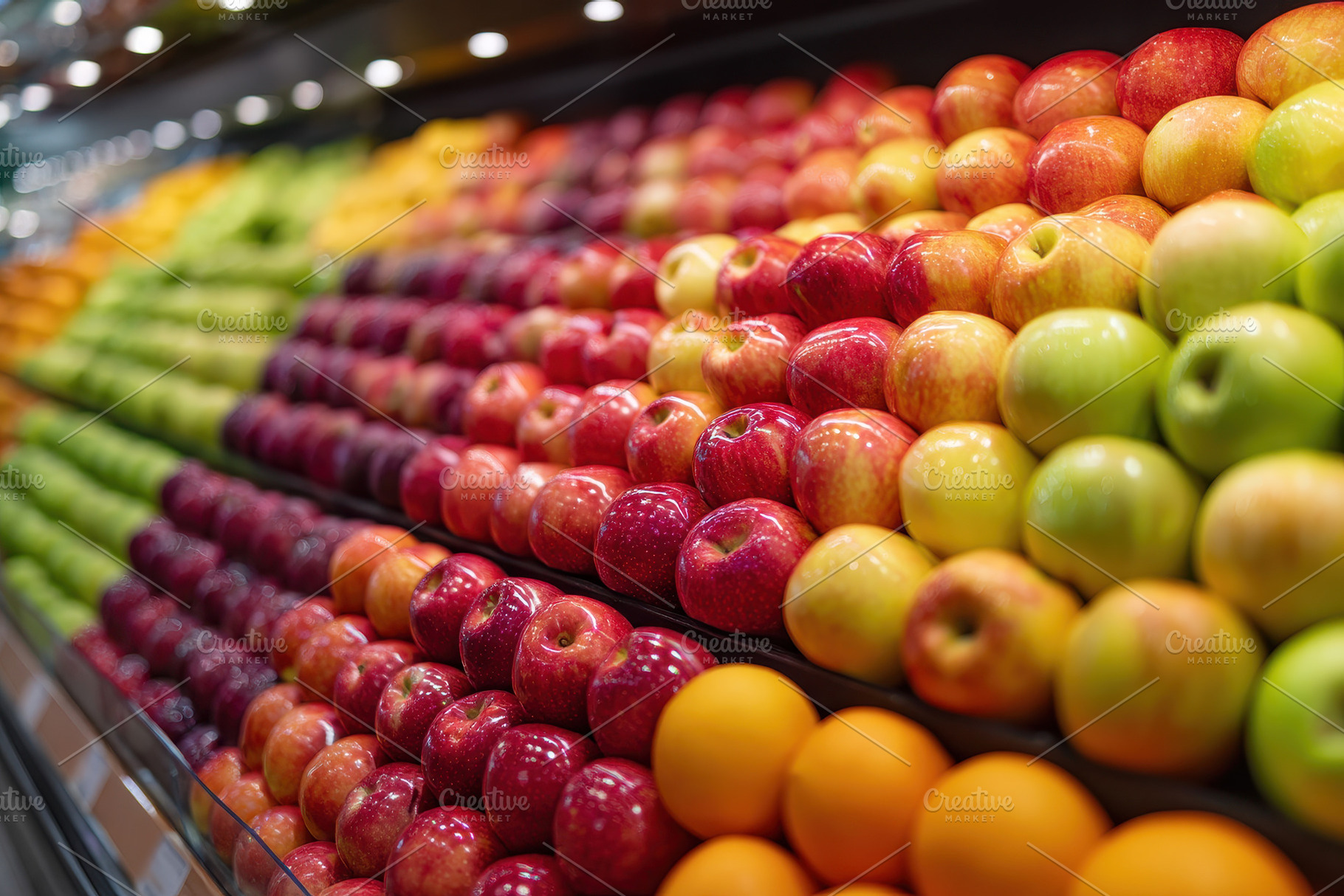 Colorful display of apples and oranges in grocery store, a Food & Drink Photo by AlyaAnd