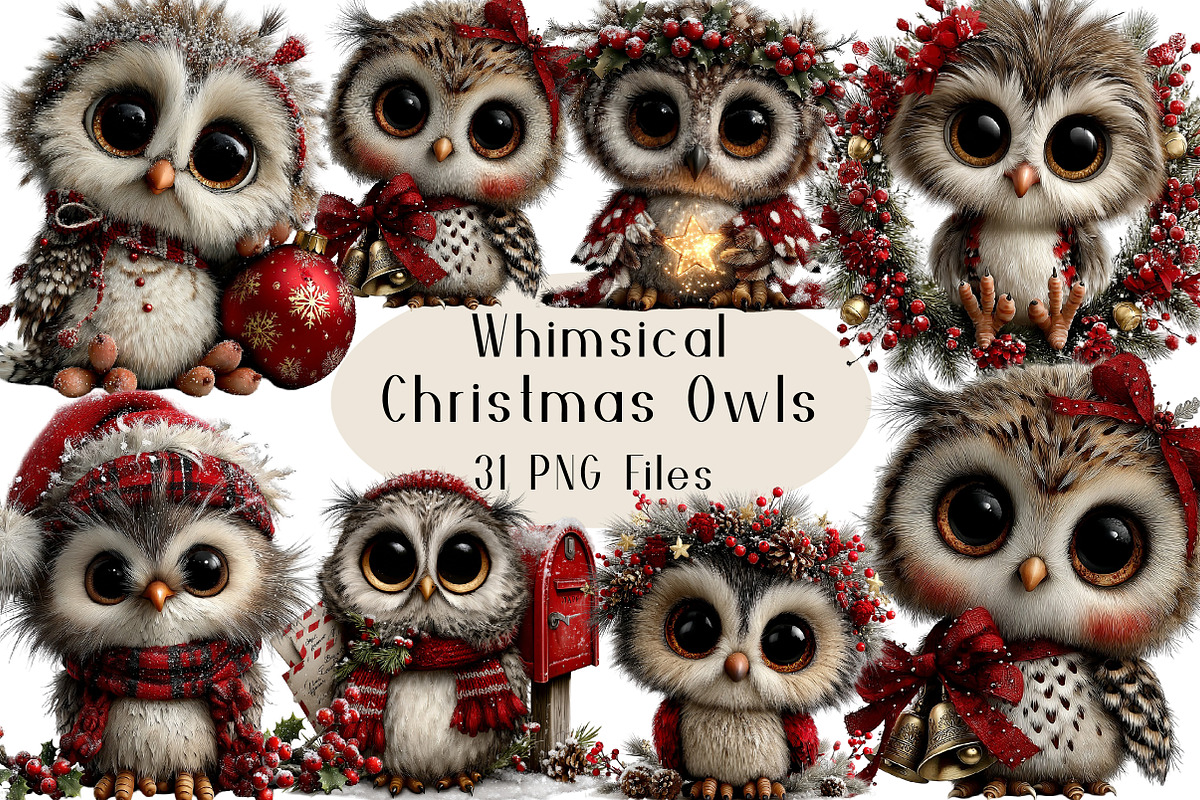 Whimsical Christmas Owl Clipart, an Animal Illustration by Creative Art (Photo 1 of 6)