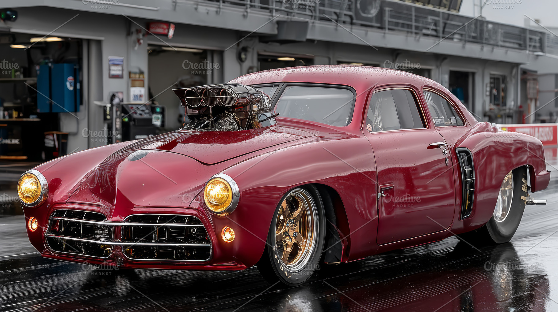 Vintage red drag racing car with exposed blower engine ready at, a Photo by AS photostudio