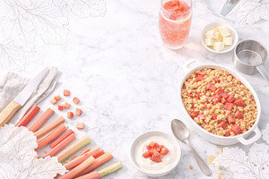 Rhubarb crumble on marble tabletop n, a Photo by Dvoevnore photos