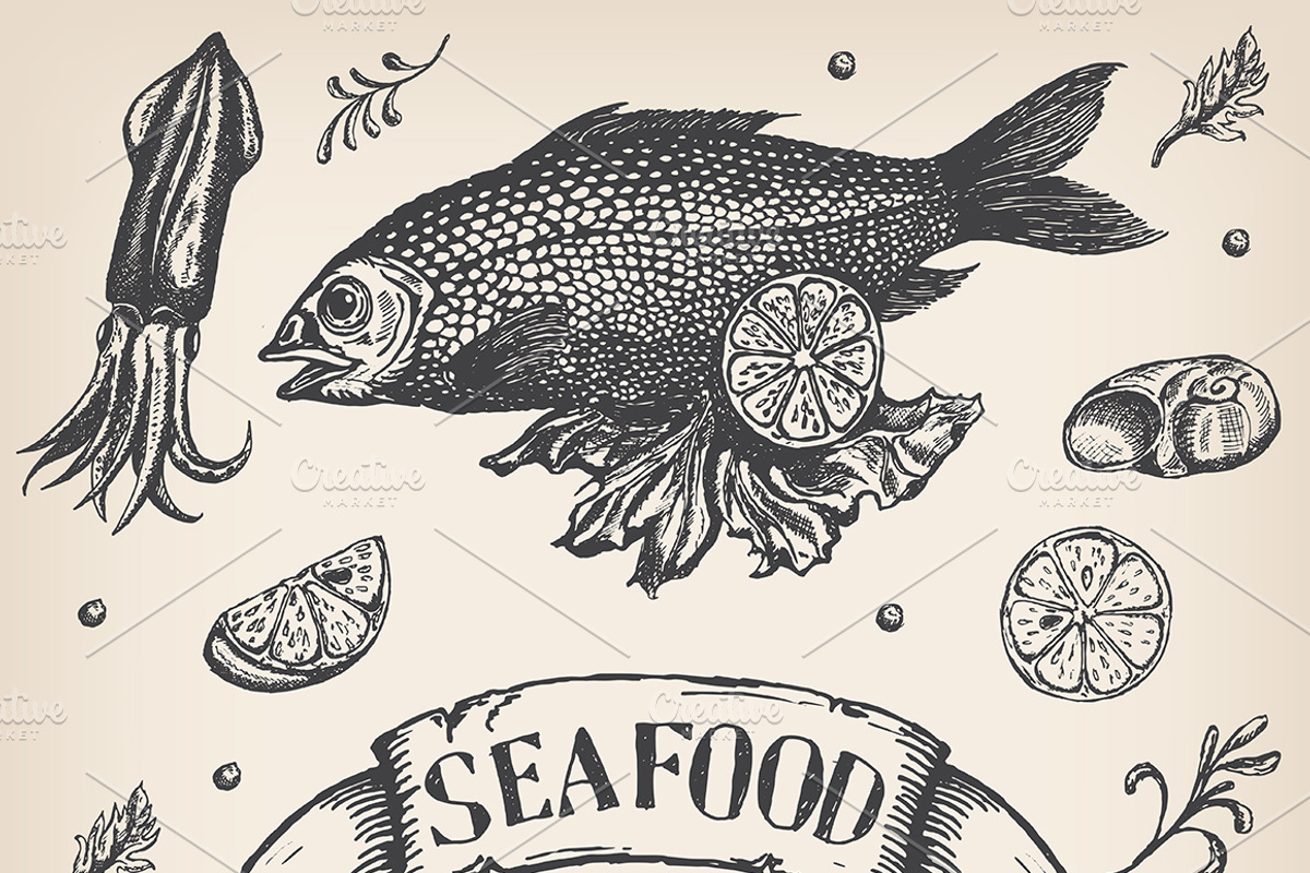 Vintage vector seafood set, a Graphic by SHom (Photo 3 of 6)