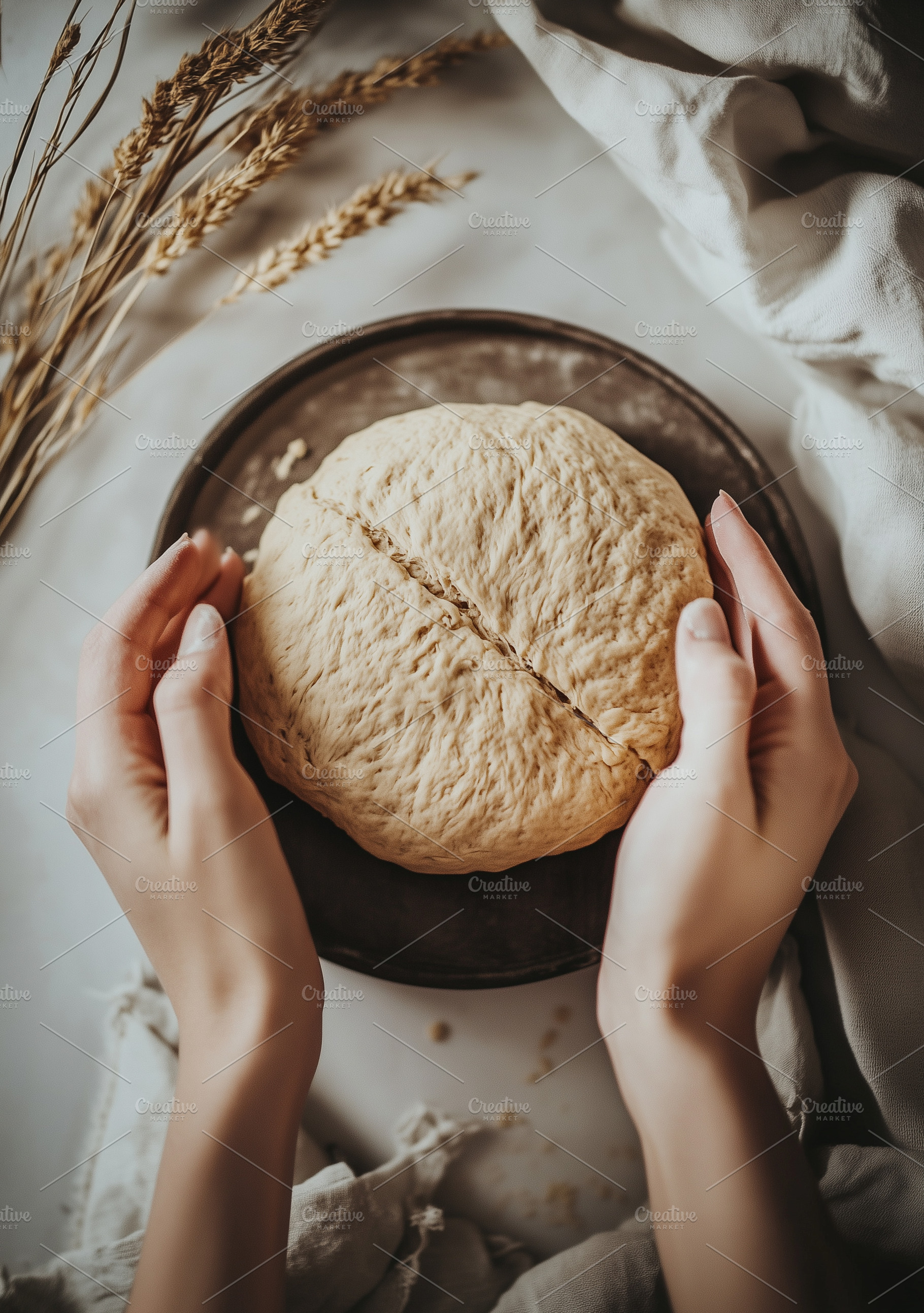 Hands hold round piece of raw bread, a Food & Drink Photo by MistyDay
