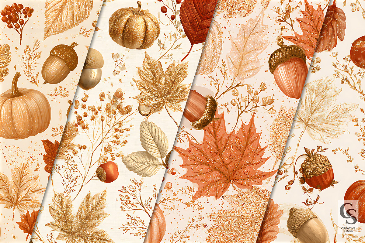 Fall Glitter Leaves & Pumpkins Paper, a Pattern Graphic by Creative Store (Photo 2 of 5)