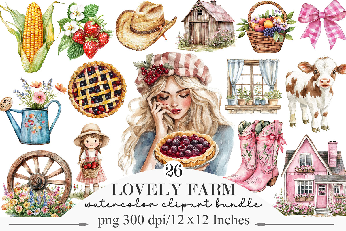 Watercolor Lovely Farm Clipart, an Illustration by Designking (Photo 1 of 5)