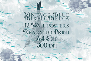 Vintage Blue Mixed Media A4 Posters
