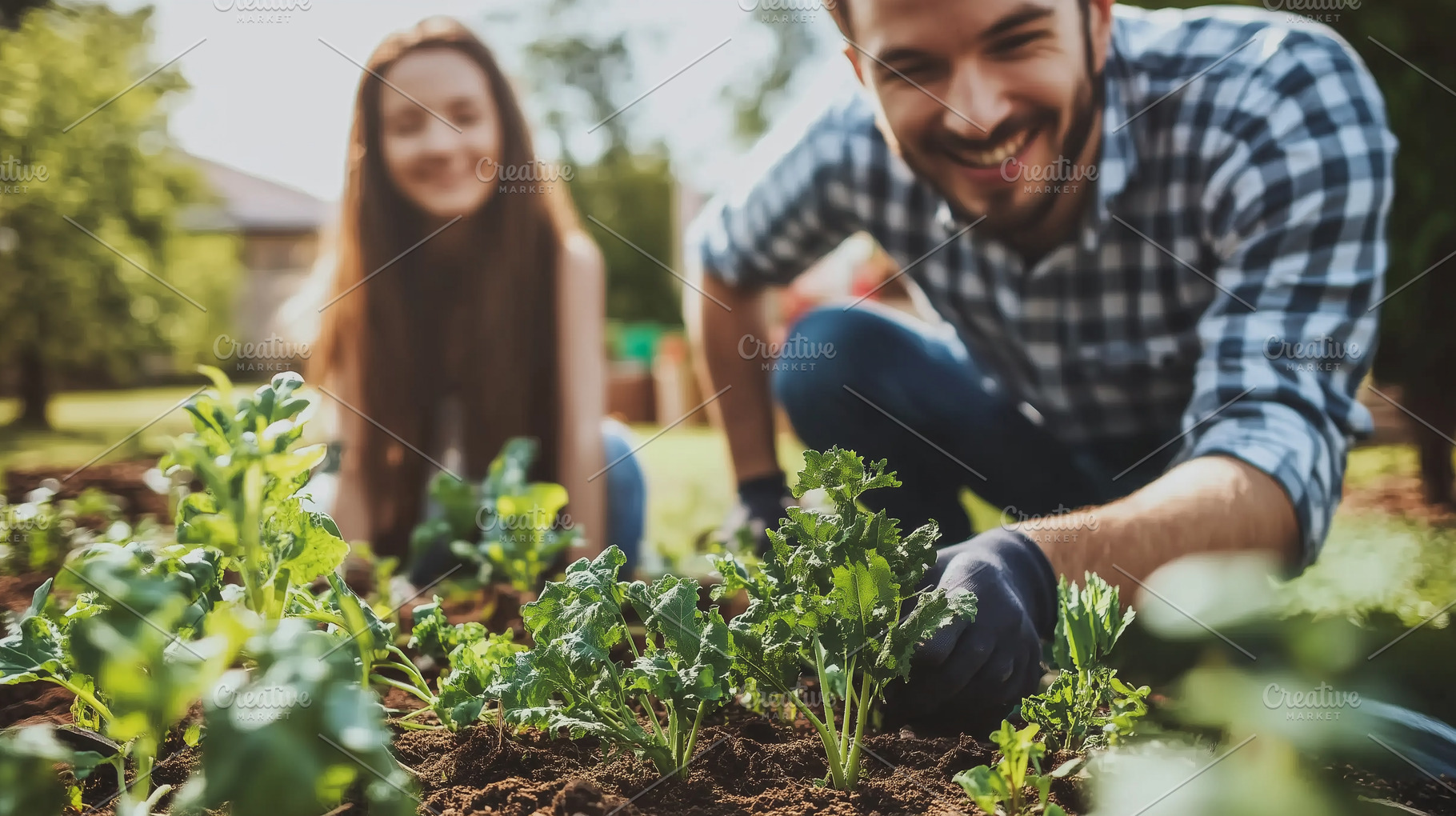 Cheerful dad gardening with her daug, a Nature Photo by MistyDay