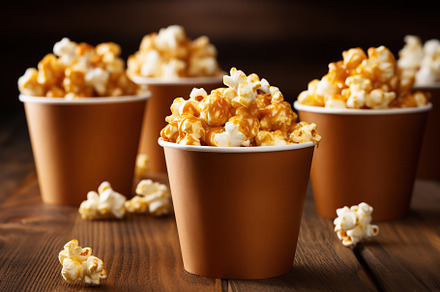 Paper cup with popcorn on wooden background, a Food & Drink Photo by AlyaAnd