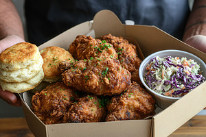 Person holds a box of fried chicken, a Photo by Pavel_design