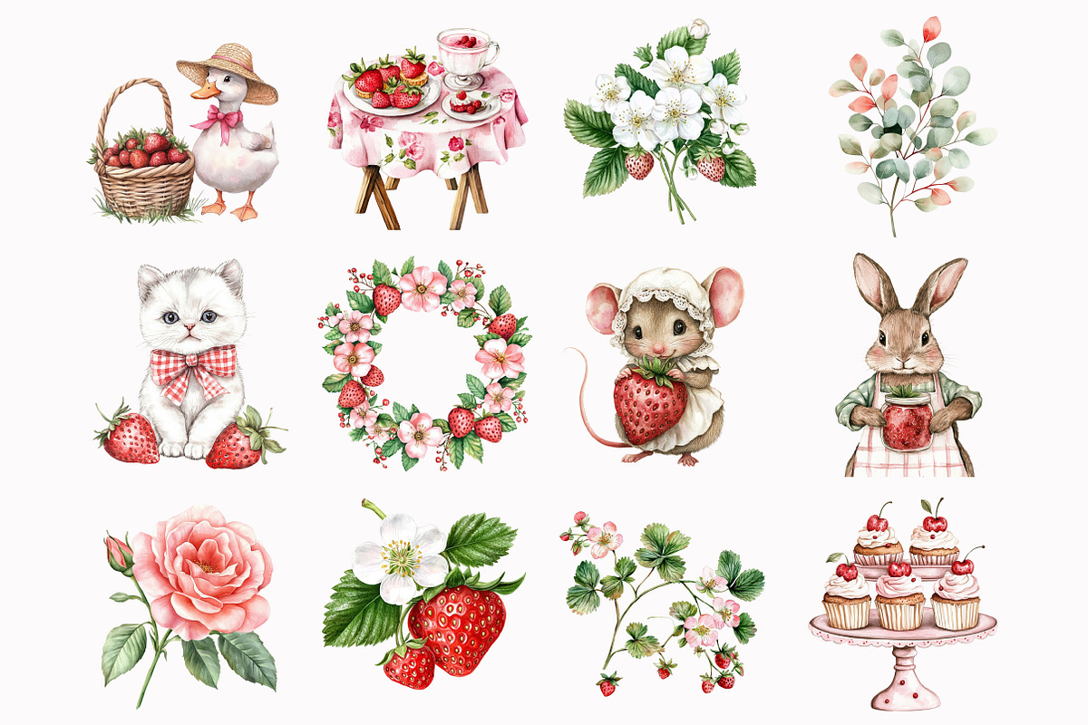 Watercolor Strawberry Picnic Clipart, a Seasonal Illustration by Design Market (Photo 3 of 5)