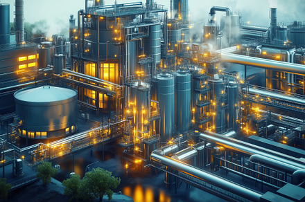Aerial view of a large industrial complex with numerous pipes, tanks, and smoke, an Industrial Photo by Textures & Backgrounds