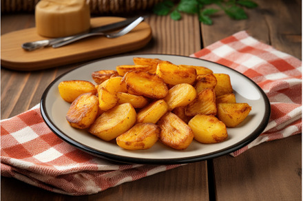 Homemade fried potato on plate, a Food & Drink Photo by Ylivdesign
