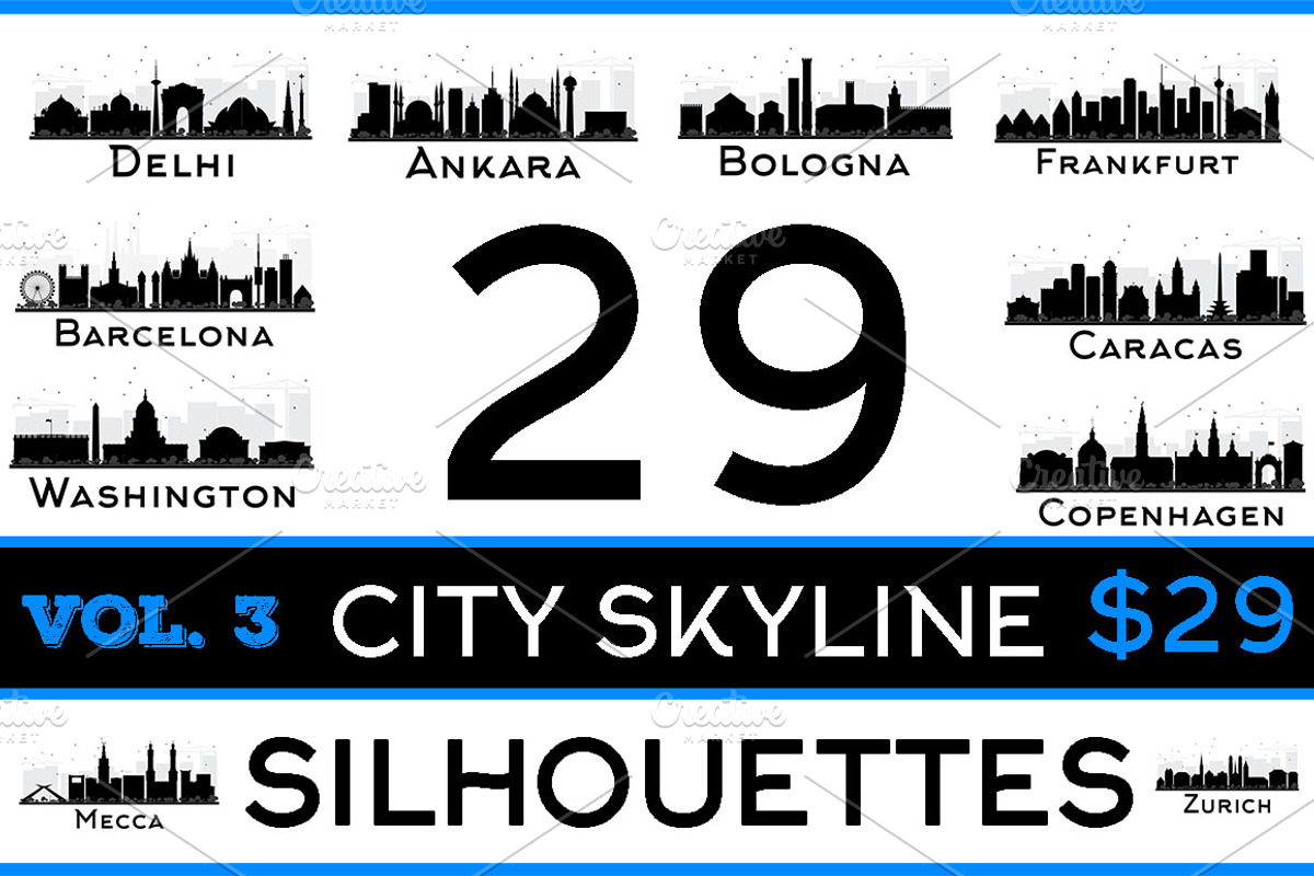29 City Skyline Silhouettes Set 3, a Work Illustration by Booblgum (Photo 1 of 8)