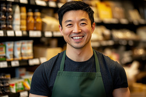 Smiling grocery store manager assist, a Photo by Pavel_design