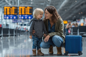 Mother and son at the airport waitin, a Photo by Pixeness Studio