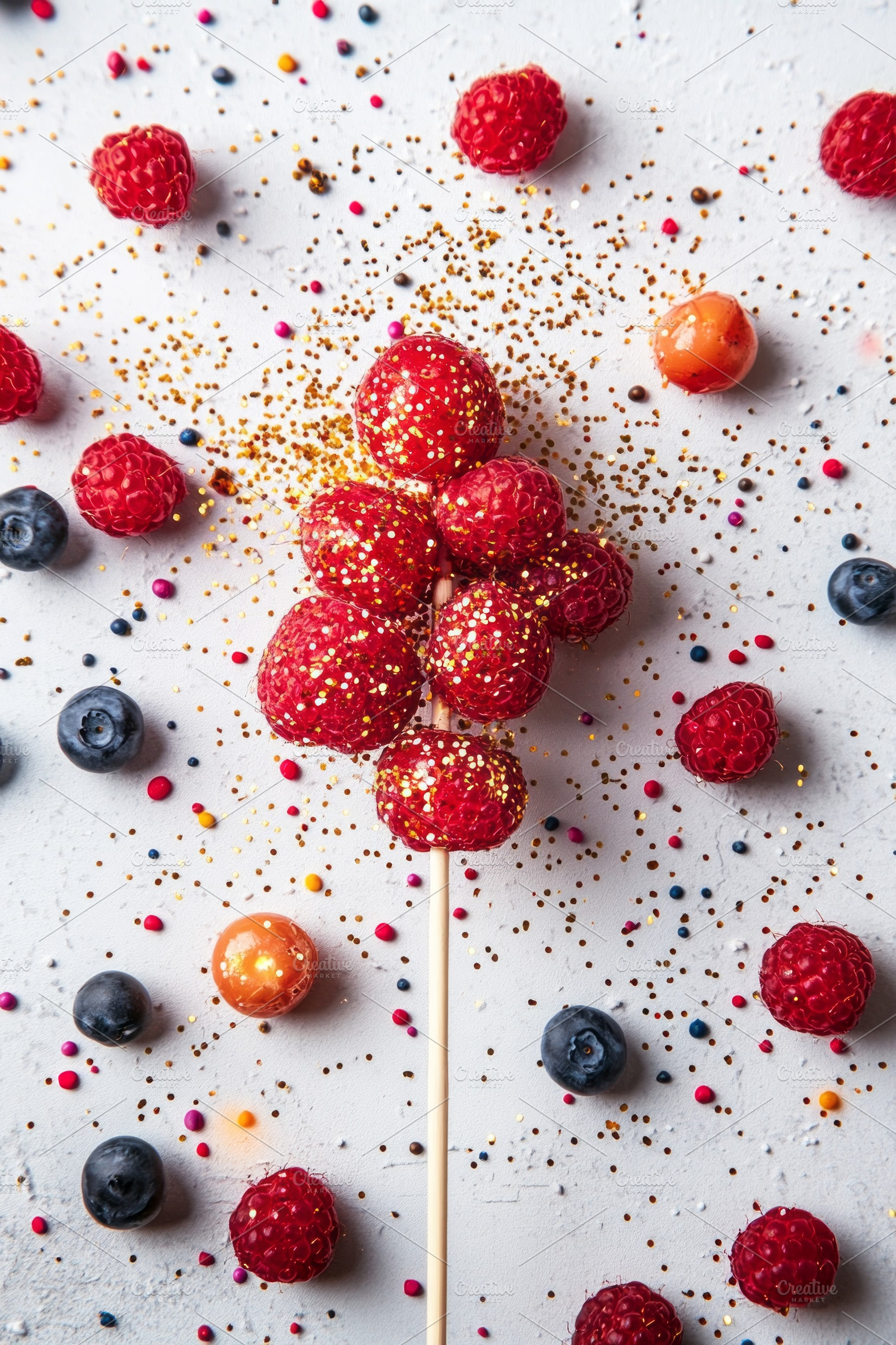 A vibrant display of fresh raspberries and blueberries adorned with edible glit, a Background Photo by ImageMir