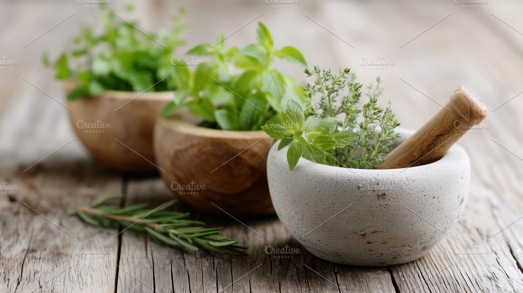 Fresh green herbs in bowls, a Food & Drink Photo by MistyDay
