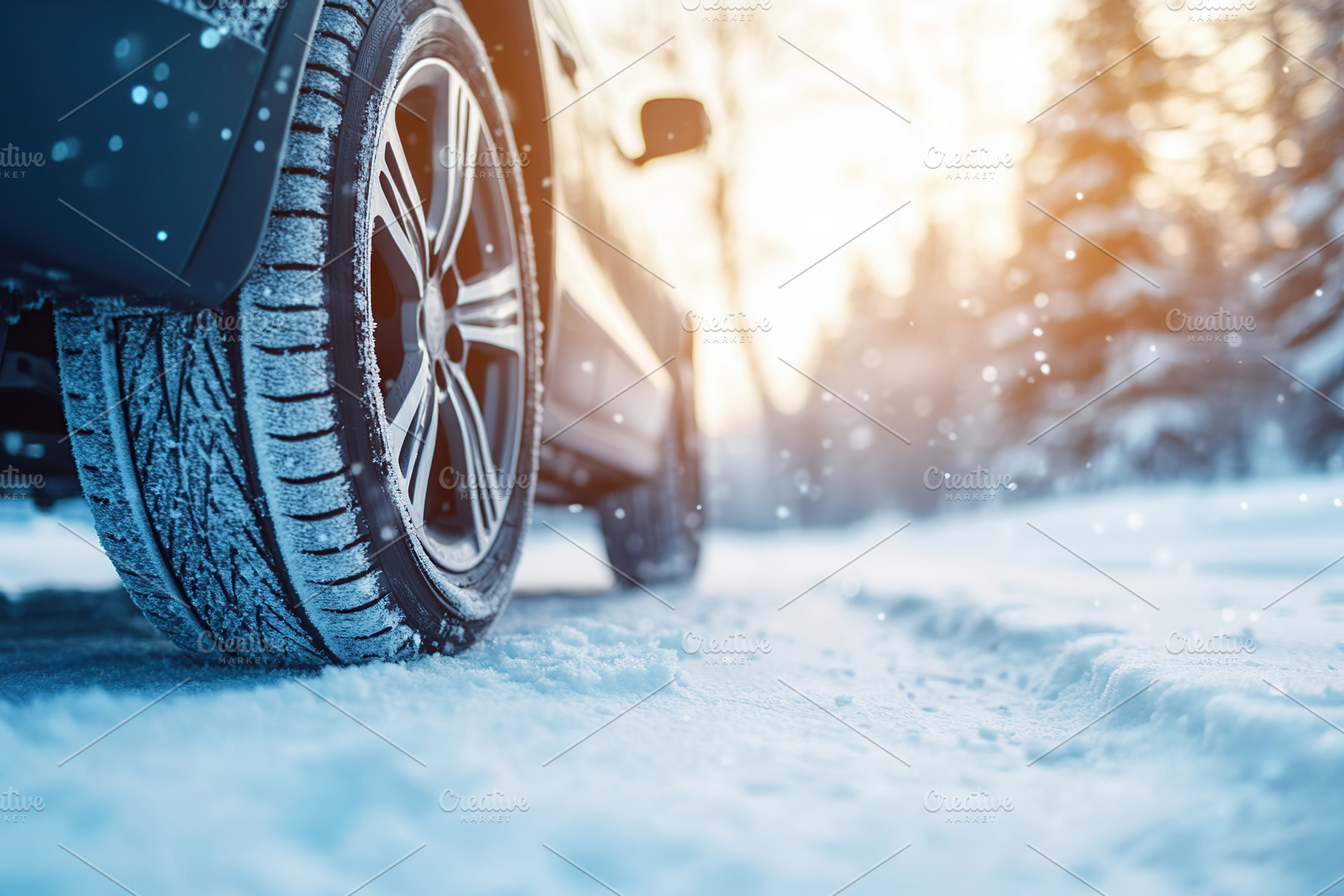 Car wheel with winter tire on snowy road, a Transportation Photo by AlyaAnd