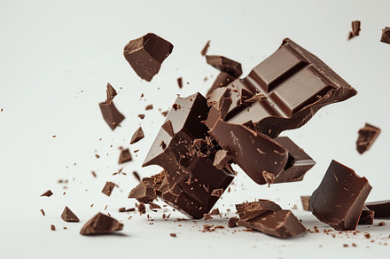 Pieces of black chocolate falling on white background, a Food & Drink Photo by AlyaAnd