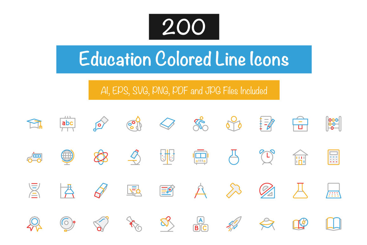 200 Education Colored Line Icons, an Outline Icon by Creative Stall (Photo 1 of 4)