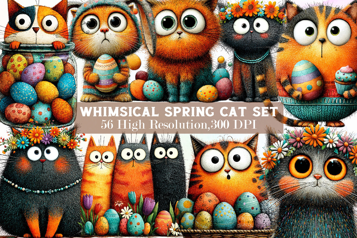 Whimsical Spring Cat Clipart Bundle, an Illustration by Sublimation Artist (Photo 1 of 7)