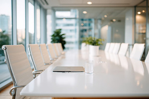 Boardroom with empty chairs and a laptop resting on a modern conference table, a Business Photo by AlyaAnd