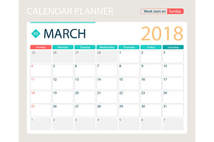 MARCH 2018, Illustration Vector Calendar Or Desk Planner, Weeks Start On Sunday