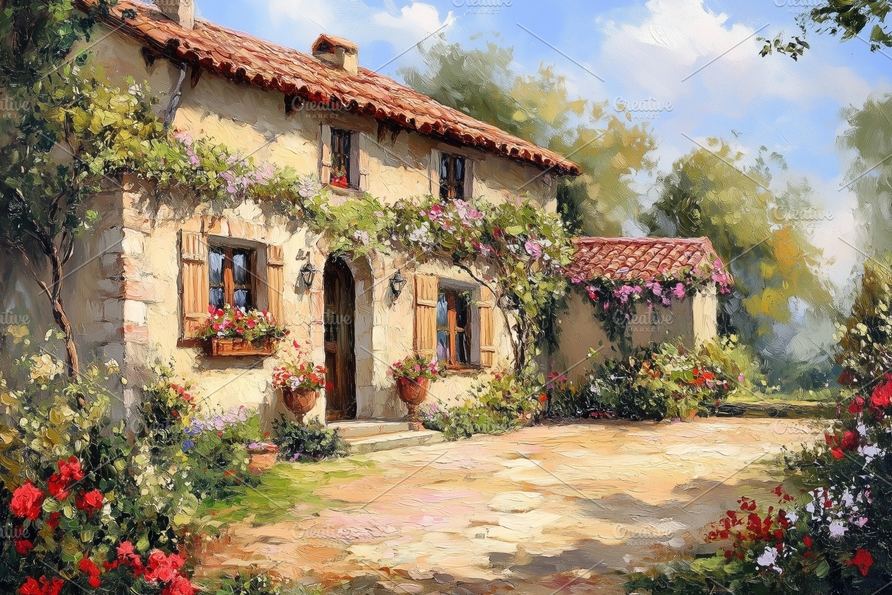 A charming countryside Country French house style surrounded by blooming flower, an Architecture Photo by Textures & Backgrounds