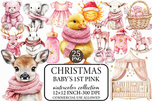 Baby’s 1st Pink Christmas Clipart, an Illustration by Libby Wishes