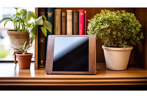 bookshelf ipad on wood ai generated, a Technology Photo by pikepicture