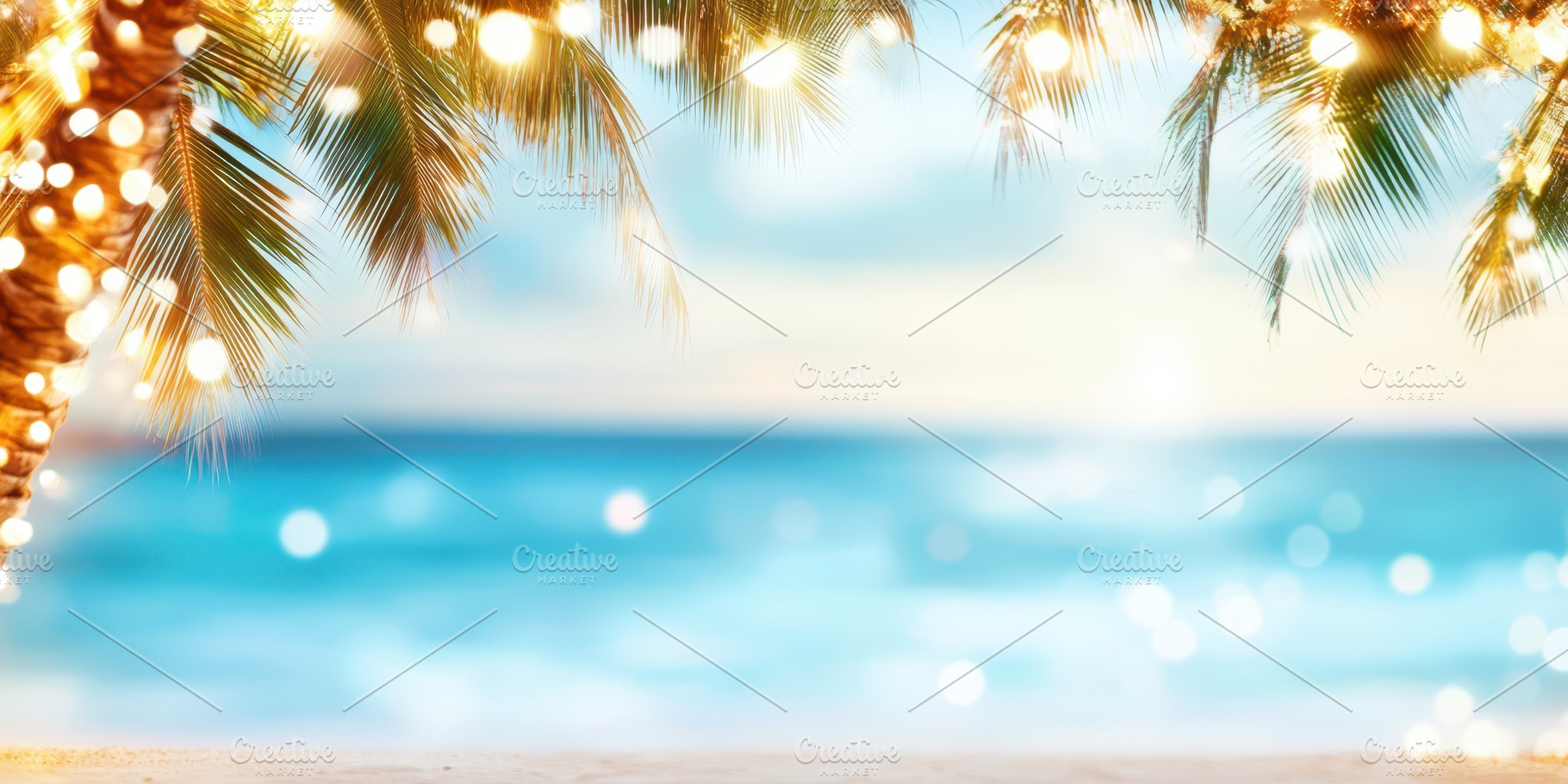 Palm trees decorated with Christmas lights against a tropical beach sunset. Con, a Holiday Photo by Mashimara