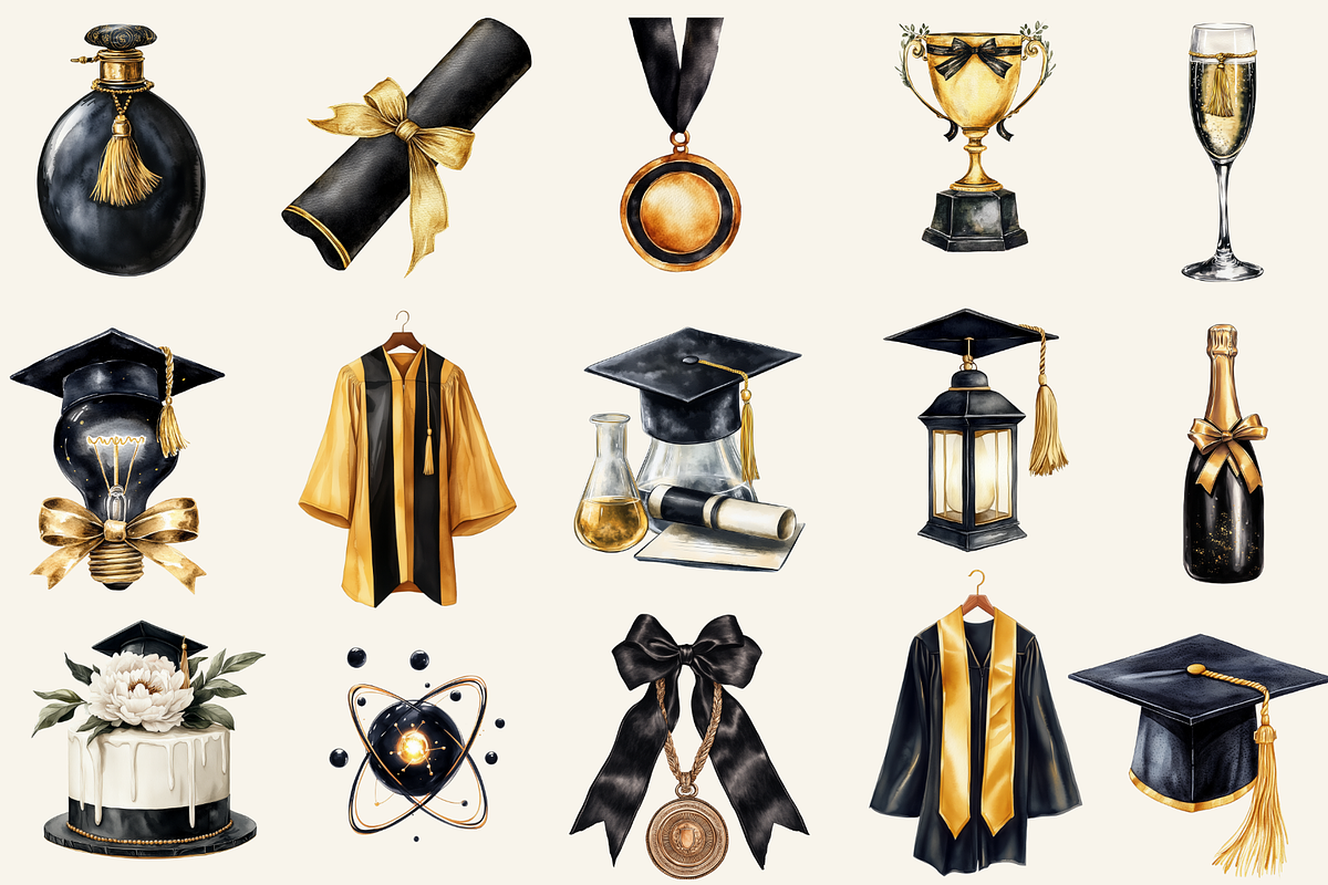 Black & Gold Graduation Day Clipart, an Illustration by NadiaTheronArt (Photo 2 of 5)