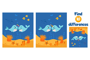 Find differences whale game, an Animal Illustration by LadadikArt