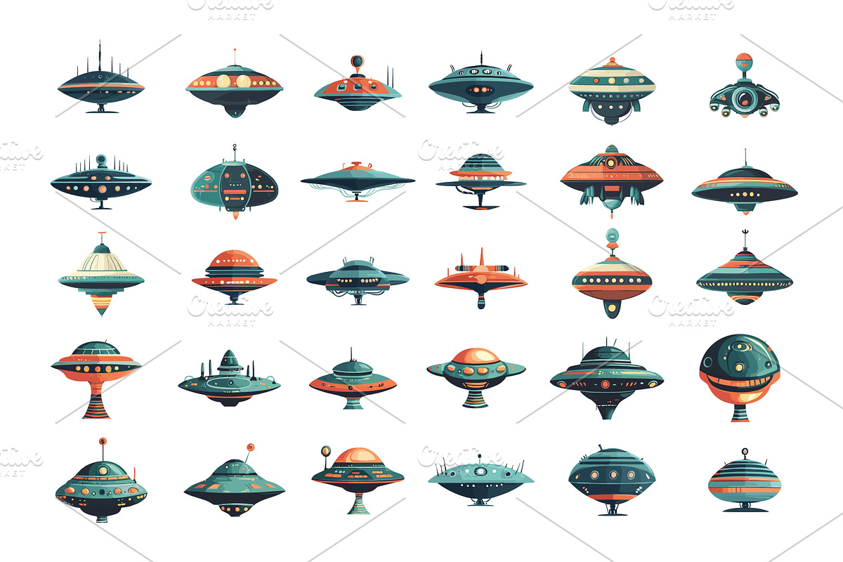 Ufo alien saucers cartoon vector set, an Object Illustration by Valerie Bodnar