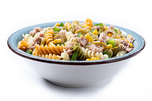 Pasta salad with tuna, corn and olives in bowl, a Food & Drink Photo by etorres69