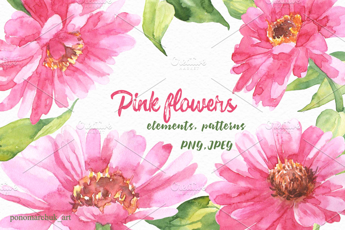 Pink flowers watercolor, a Decorative Illustration by Colibri Watercolor (Photo 2 of 9)