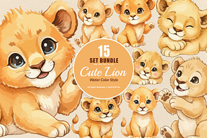 15 Bundle Watercolor Cute Lion Wild, an Animal Illustration by Morspective