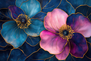 Elegant Blue Pink Flowers Gold Accen, a Photo by Pixeness Studio