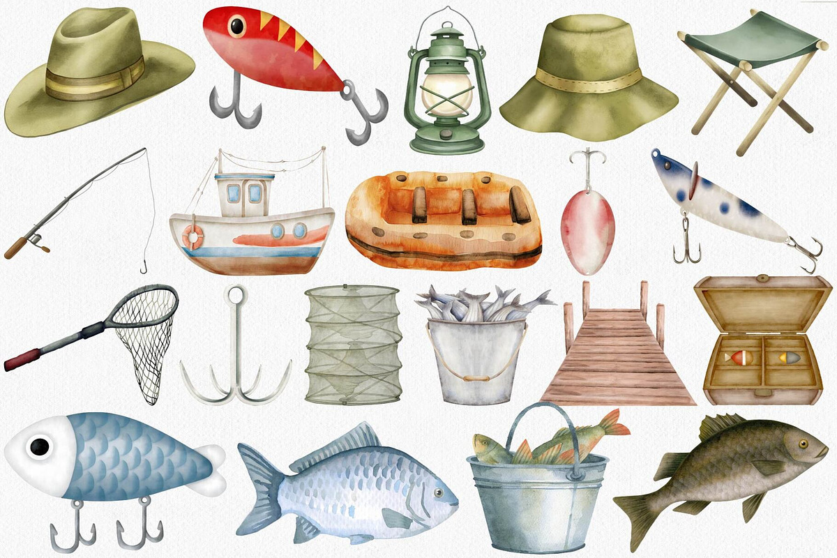 Watercolor Fishing Clipart Set, an Illustration by CropUp Creative (Photo 2 of 4)