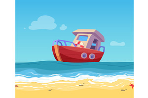 Ship in sea. cartoon red boat in the, a Transportation Illustration by Onyx