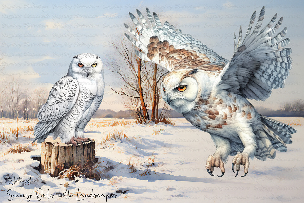 Watercolor Snowy Owls and Landscapes, an Animal Illustration by Dazzling Art Boutique (Photo 1 of 11)