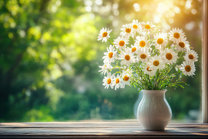 Vibrant white daisies in a vase on a, a Photo by Iftikhar Alam